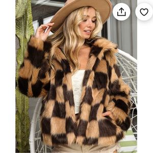 12th Tribe mocha faux fur checkered coat